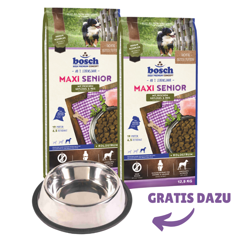 bosch HPC Maxi Senior mit frischem Geflügel & Reis 2 x 12,5 kg + GRATIS TRIXIE Napf