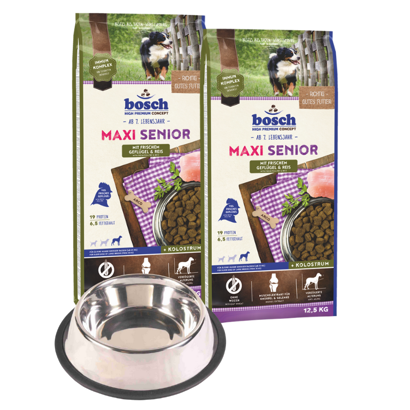 bosch HPC Maxi Senior mit frischem Geflügel & Reis 2 x 12,5 kg + GRATIS TRIXIE Napf