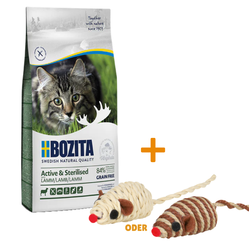 Bozita Active & Sterilised Getreidefrei Lamm 10 kg + GRATIS TRIXIE Spielmaus
