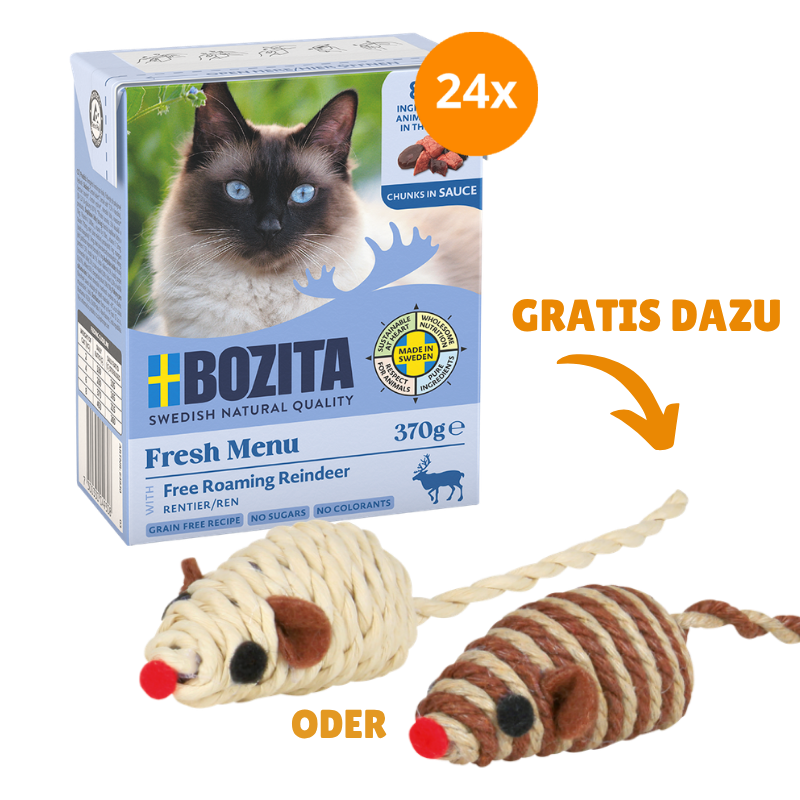 Bozita Häppchen in Soße Rentier 24 x 370 g + GRATIS TRIXIE Spielmaus