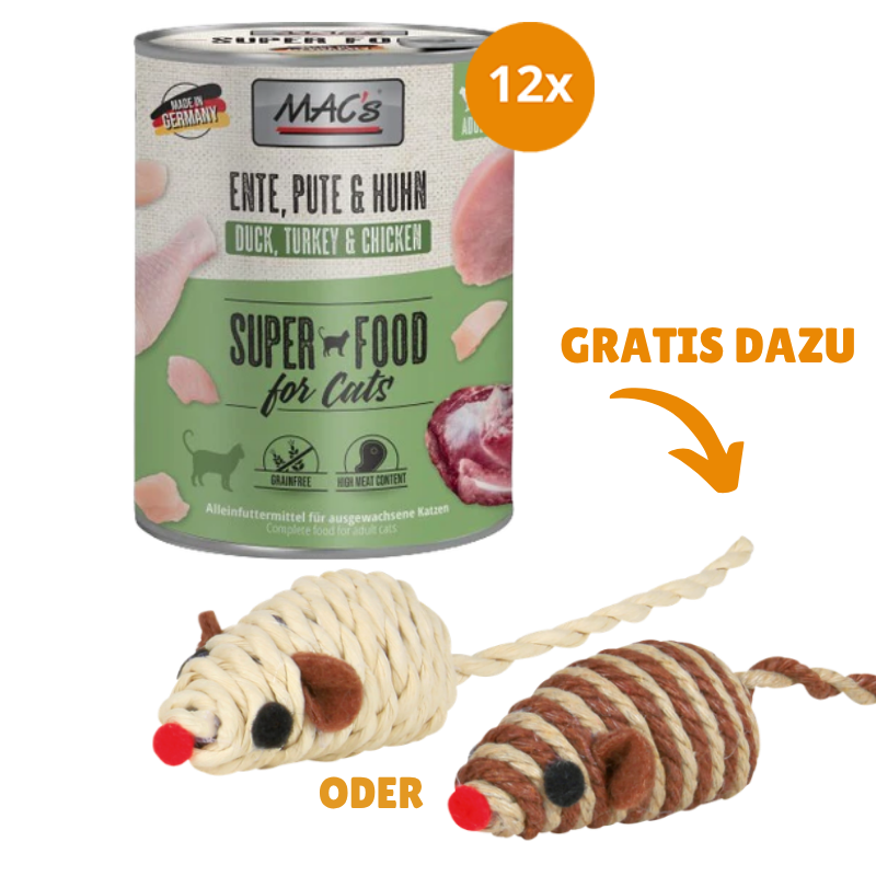 MAC's Cat Ente, Pute, Huhn 12 x 800 g + GRATIS TRIXIE Spielmaus