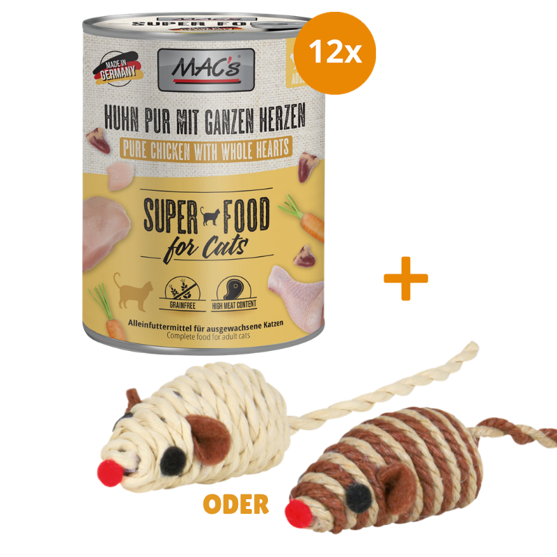 MAC's Cat Huhn mit ganzen Geflügelherzen 12 x 800 g + GRATIS TRIXIE Spielmaus