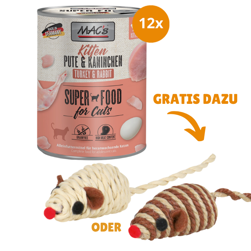 MAC's Cat Kitten Pute & Kaninchen 12 x 800 g + GRATIS TRIXIE Spielmaus