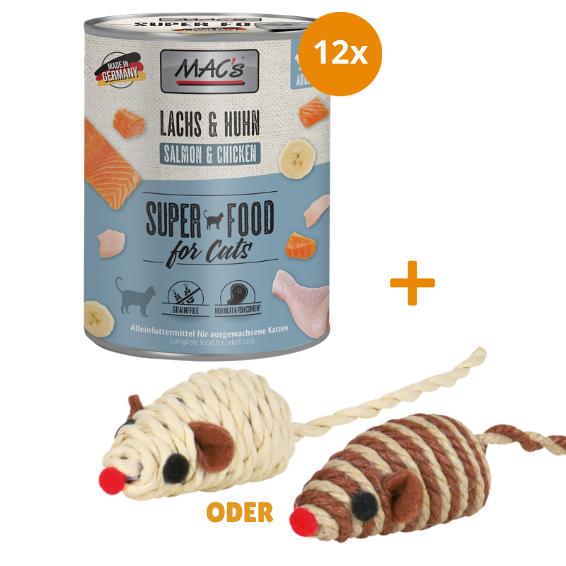 MAC's Cat Lachs & Hühnchen 12 x 800 g + GRATIS TRIXIE Spielmaus