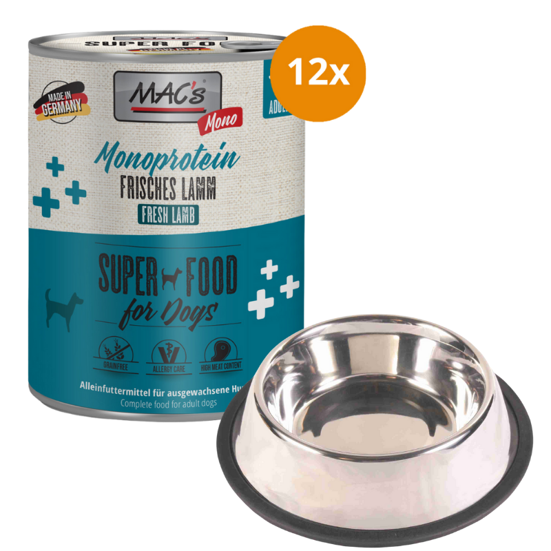 MAC's Dog Monoprotein Frisches Lamm 12 x 800 g + GRATIS TRIXIE Napf