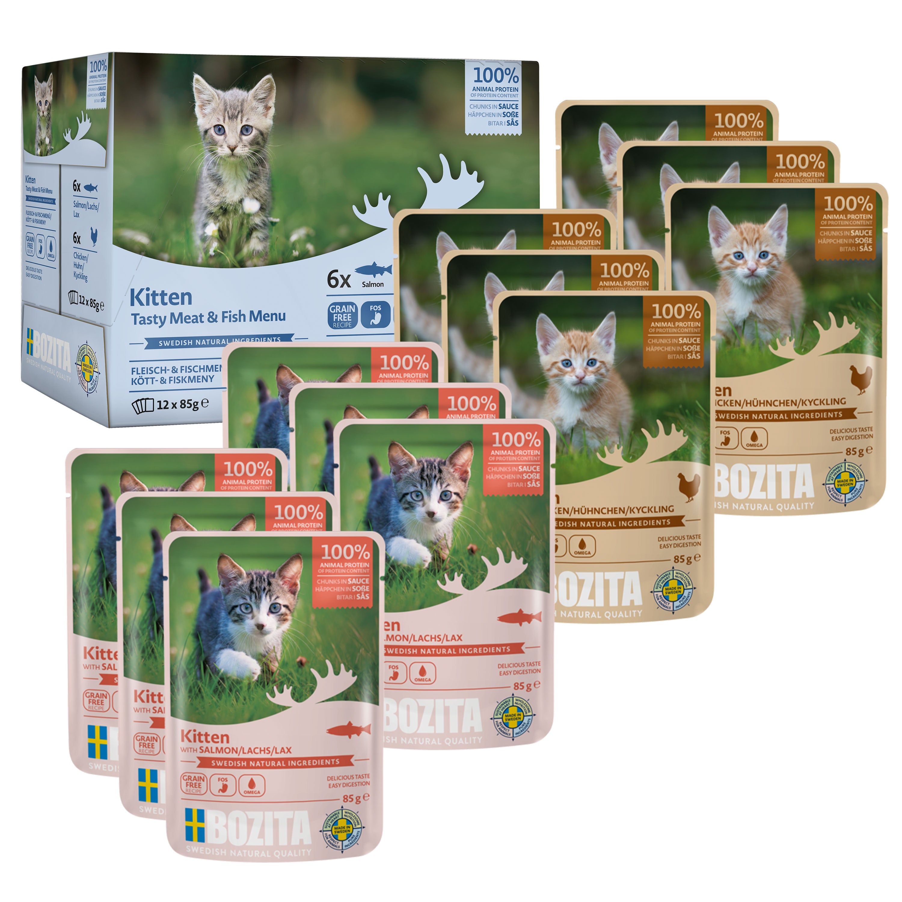 Bozita Häppchen in Sauce mit Fisch und Fleisch für Kitten Multibox 12x85 g
