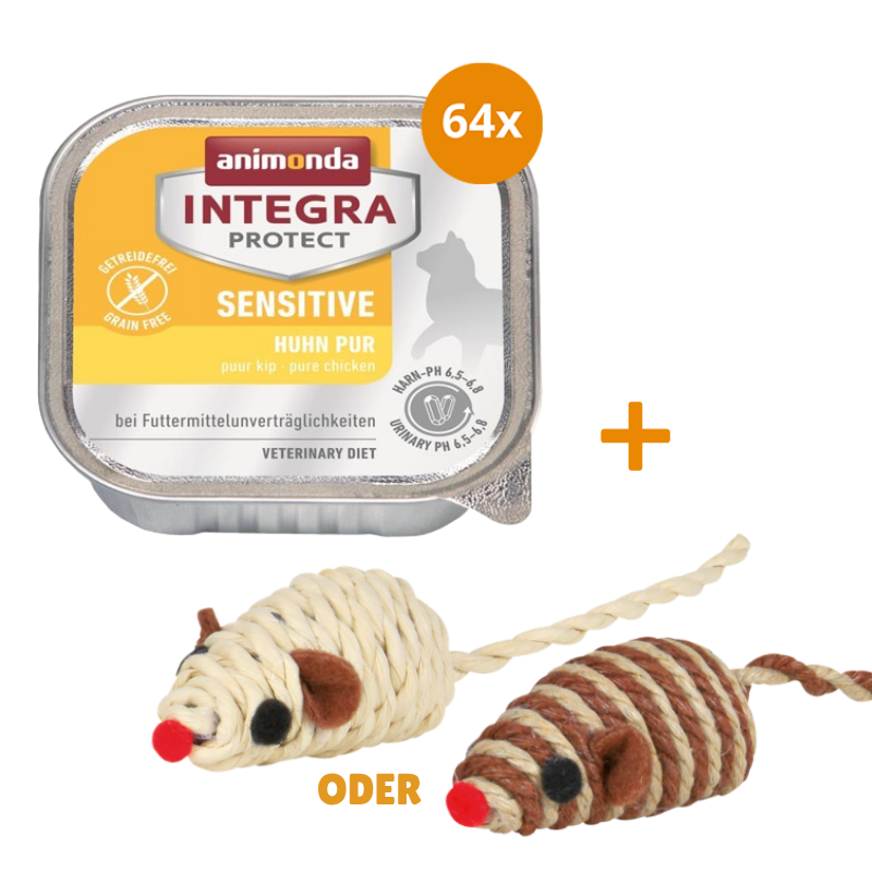 animonda Integra Protect Cat Sensitive Huhn pur 64 x 100 g + GRATIS TRIXIE Spielmaus