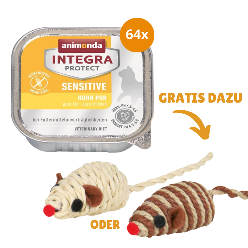 animonda Integra Protect Cat Sensitive Huhn pur 64 x 100 g + GRATIS TRIXIE Spielmaus