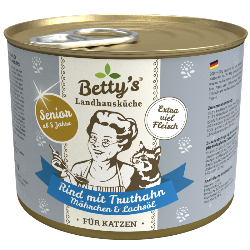 Bettys Landhausküche Katze Dose Senior Rind mit Truthahn, Möhrchen & Lachsöl 200 g