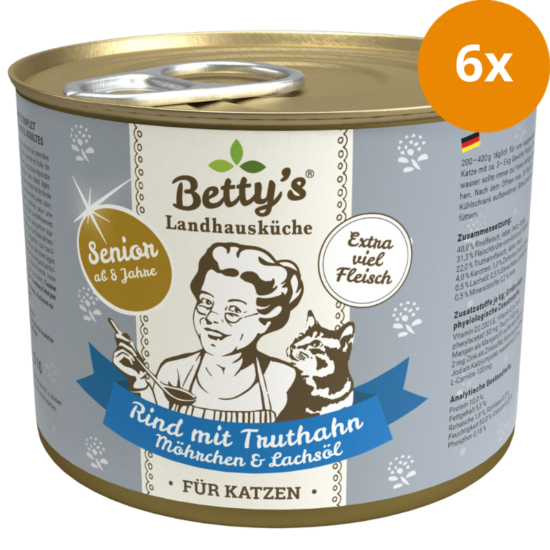 Bettys Landhausküche Katze Dose Senior Rind mit Truthahn, Möhrchen & Lachsöl 200 g