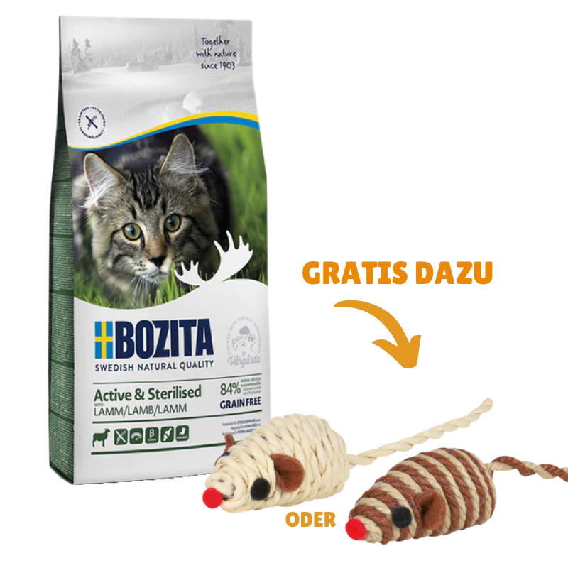 Bozita Active & Sterilised Getreidefrei Lamm 10 kg + GRATIS TRIXIE Spielmaus