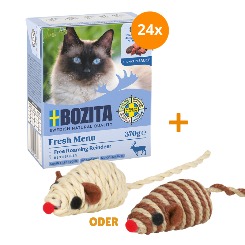 Bozita Häppchen in Soße Rentier 24 x 370 g + GRATIS TRIXIE Spielmaus