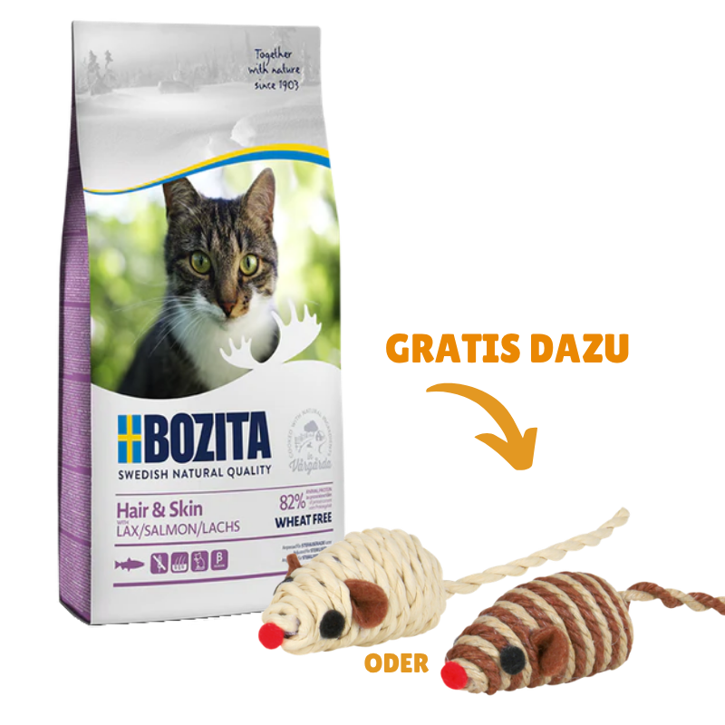 Bozita Hair & Skin Weizenfrei Lachs 10 kg + GRATIS TRIXIE Spielmaus