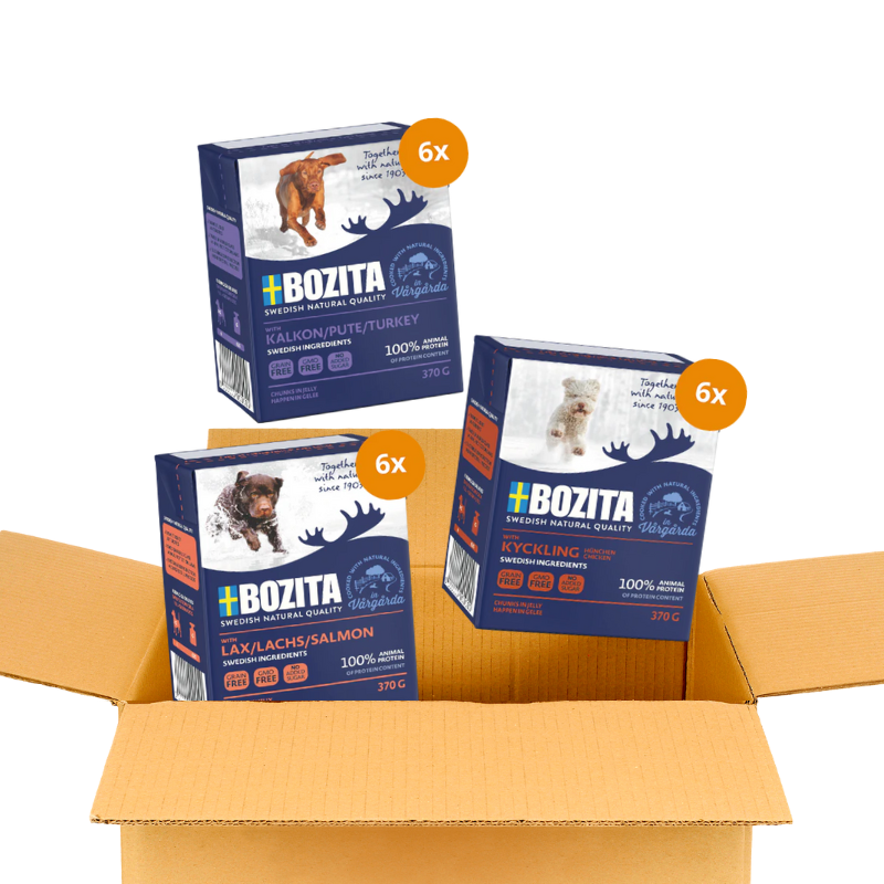 Bozita Happen 18 x 370 g – Probiermix in Gelee: Lachs, Pute & Hühnchen