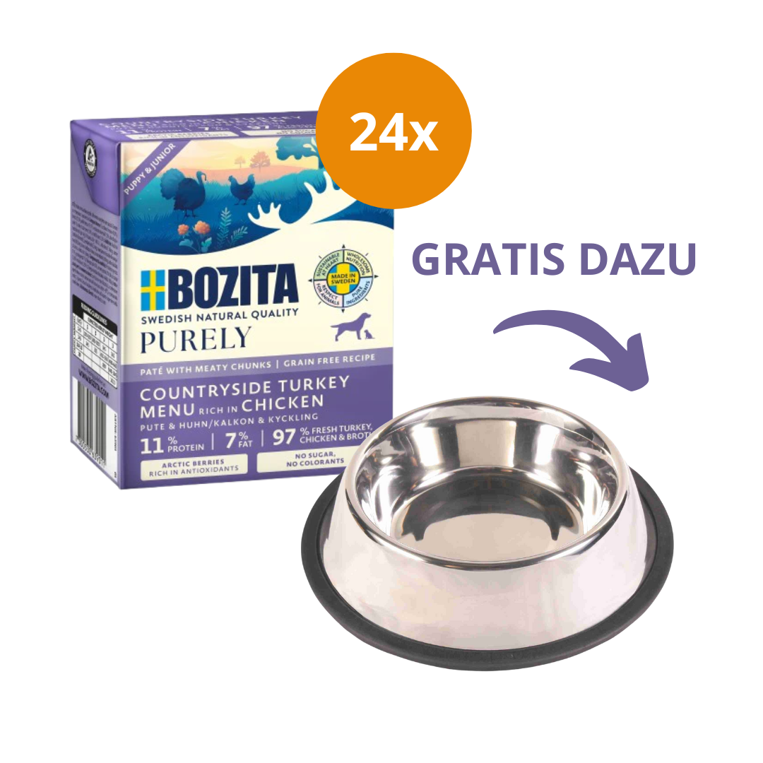 Bozita Purely Puppy & Junior Paté mit Pute 24 x 370 g Tetra + GRATIS TRIXIE Napf
