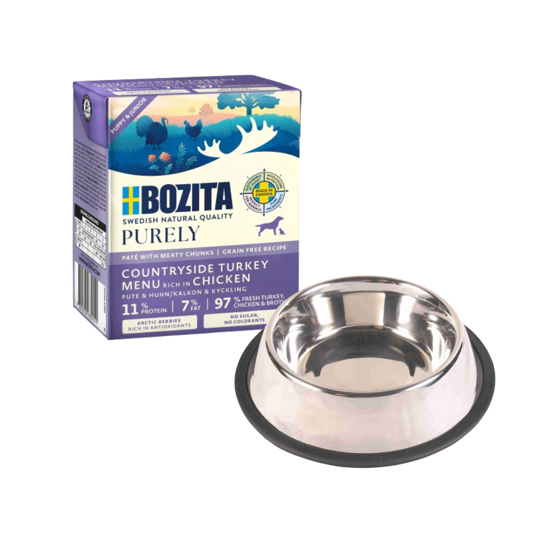 Bozita Purely Puppy & Junior Paté mit Pute 24 x 370 g Tetra + GRATIS TRIXIE Napf