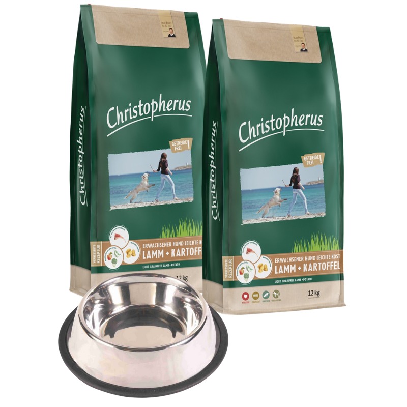 Christopherus Getreidefrei leichte Kost Lamm & Kartoffel 2 x 12 kg + GRATIS TRIXIE Napf