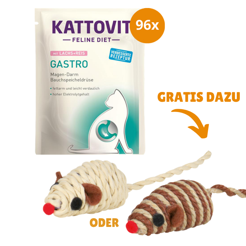 Kattovit Feline Diet Gastro Lachs & Reis 96 x 85 g + GRATIS TRIXIE Spielmaus