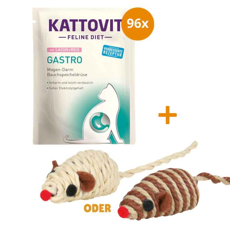 Kattovit Feline Diet Gastro Lachs & Reis 96 x 85 g + GRATIS TRIXIE Spielmaus
