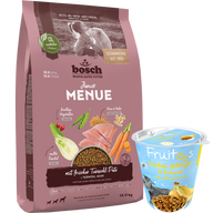 Kombipaket bosch HPC MENUE Junior Tierwohl-Pute + GRATIS bosch Fruitees frisches Geflügel & Banane