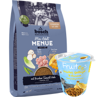 Kombipaket bosch HPC MENUE Mini Adult Tierwohl-Huhn + GRATIS bosch Fruitees frisches Geflügel & Banane