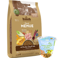 Kombipaket bosch HPC MENUE Senior Tierwohl-Huhn + GRATIS bosch Fruitees frisches Geflügel & Apfel