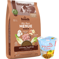 Kombipaket bosch HPC MENUE Mini Junior Tierwohl-Huhn + GRATIS bosch Fruitees frisches Geflügel & Mango