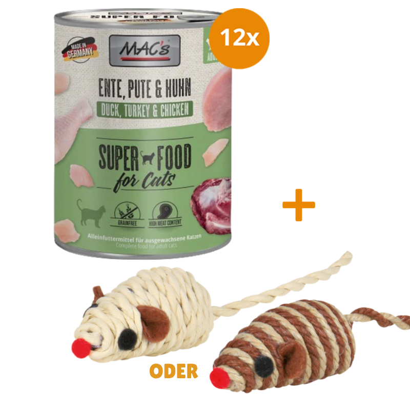 MAC's Cat Ente, Pute, Huhn 12 x 800 g + GRATIS TRIXIE Spielmaus