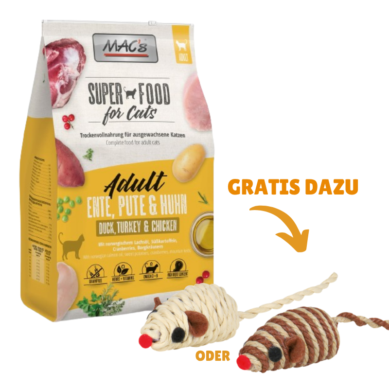 MAC's Cat Ente, Pute & Huhn 7 kg + GRATIS TRIXIE Spielmaus