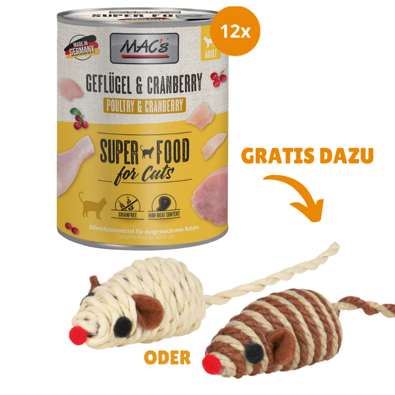 MAC's Cat Geflügel & Cranberry 12 x 800 g + GRATIS TRIXIE Spielmaus