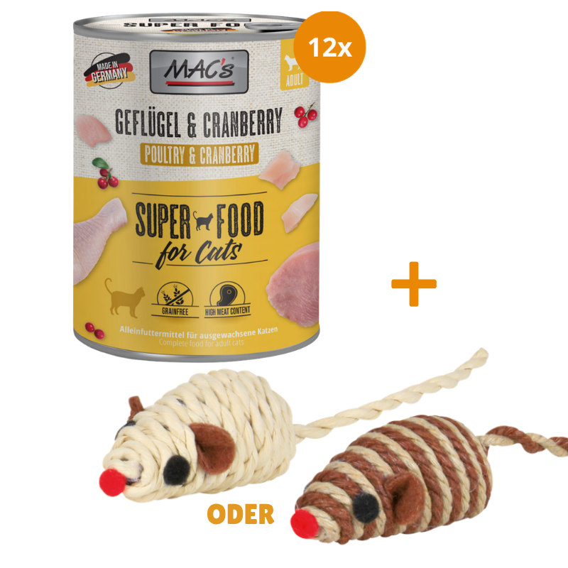 MAC's Cat Geflügel & Cranberry 12 x 800 g + GRATIS TRIXIE Spielmaus