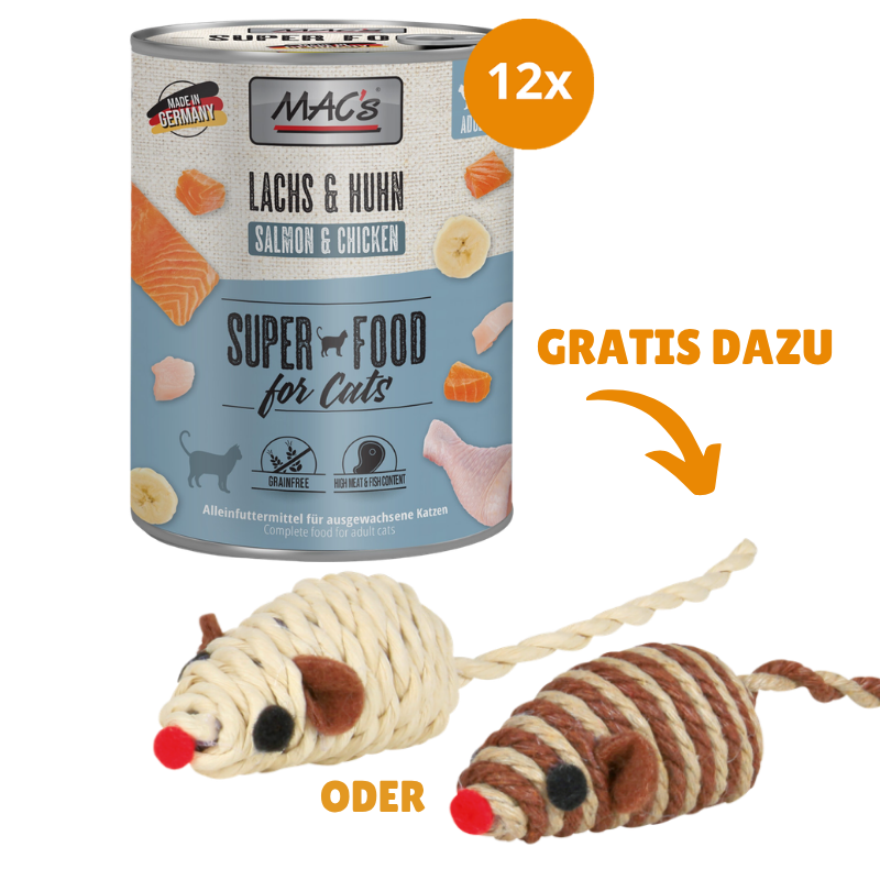 MAC's Cat Lachs & Hühnchen 12 x 800 g + GRATIS TRIXIE Spielmaus