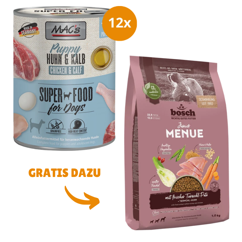 MAC's Dog Puppy Huhn & Kalb 12 x 800 g + GRATIS bosch HPC MENUE Junior Tierwohl-Pute 1 kg