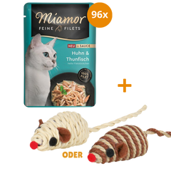 Miamor PB Feine Filets Huhn & Thunfisch in Sauce 96 x 100 g + GRATIS TRIXIE Spielmaus