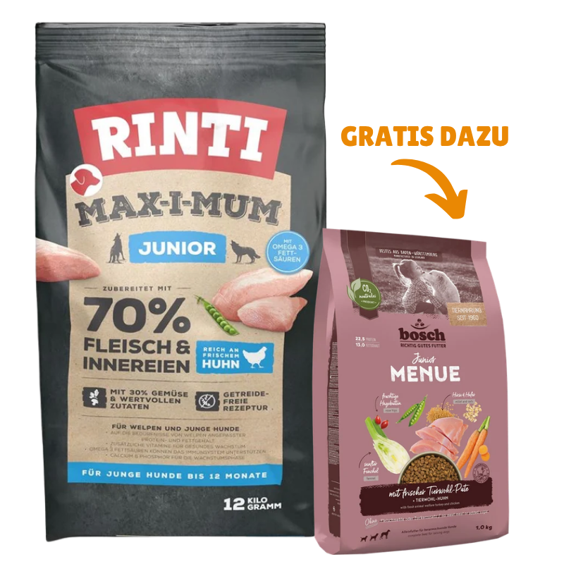 Rinti Max-i-Mum Junior Huhn 12 kg + GRATIS bosch HPC MENUE Junior Tierwohl-Pute 1 kg