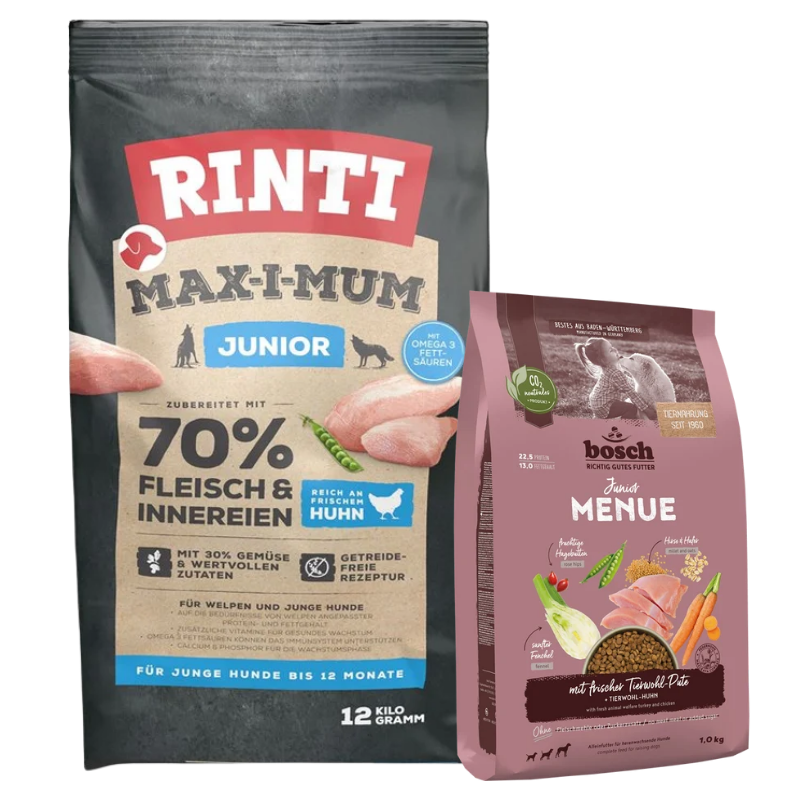 Rinti Max-i-Mum Junior Huhn 12 kg + GRATIS bosch HPC MENUE Junior Tierwohl-Pute 1 kg