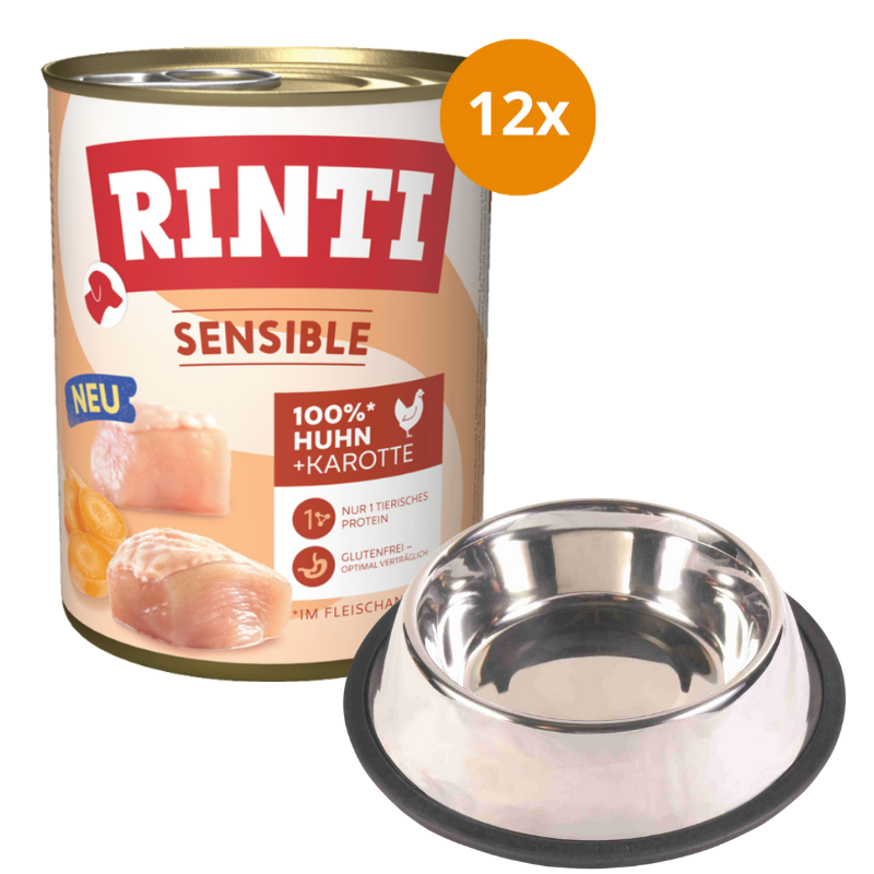 Rinti Sensible Huhn & Karotte 12 x 800 g + GRATIS TRIXIE Napf