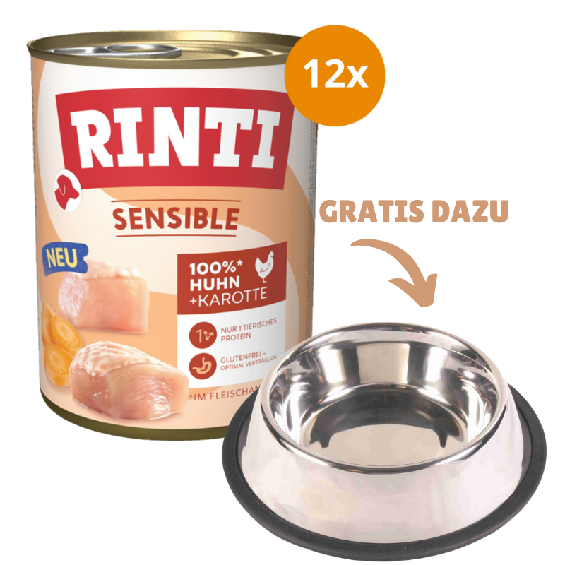 Rinti Sensible Huhn & Karotte 12 x 800 g + GRATIS TRIXIE Napf