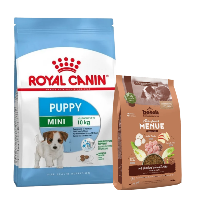 ROYAL CANIN Mini Puppy 8 kg + GRATIS bosch HPC MENUE Mini Junior Tierwohl-Huhn 1 kg